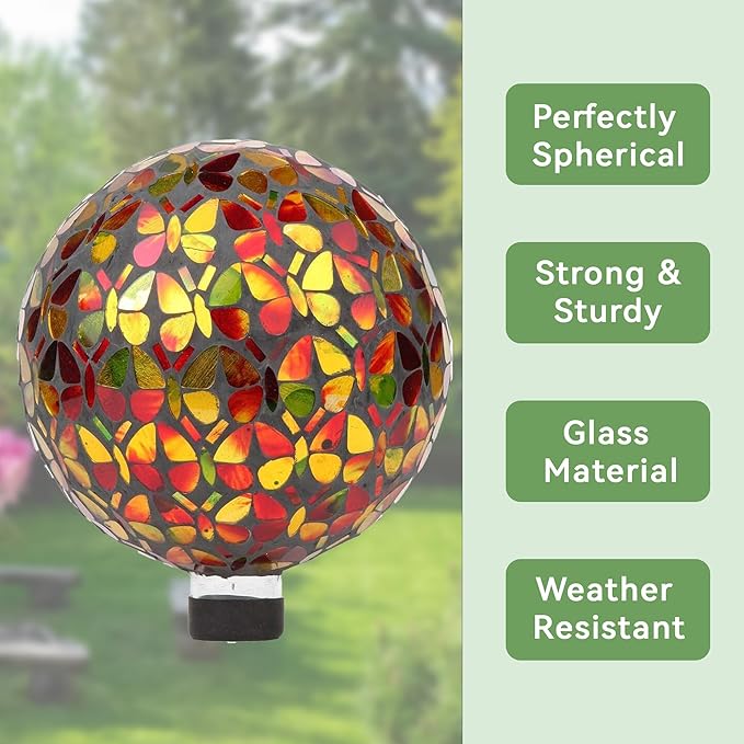 Lily's Home Colorful Mosaic Glass Gazing Ball, Designed with a Stunning Holographic Butterflies Mosaic Pattern to Bring Color to Any Home and Garden, (10 Inches Dia.)