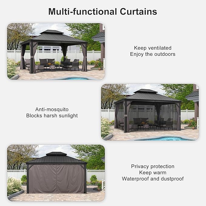 PURPLE LEAF 12' X 14' Patio Gazebo with Light Permanent Hardtop Gazebo with Metal Roof for Outdoor Lawn and Garden Grey