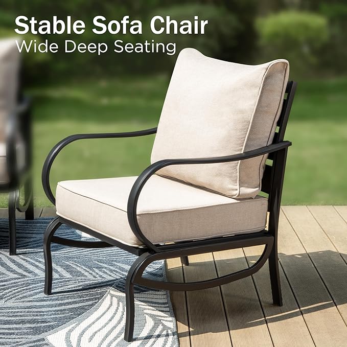PHI VILLA 7 PCS Outdoor Patio Furniture Set with 2*C-Base Chairs, 1 * 3 Seater Padded Deep Seating Bench Sofa, 2*Padded Armrest Leg Chairs and 2*Metal Cushioned Ottoman for 7 Person