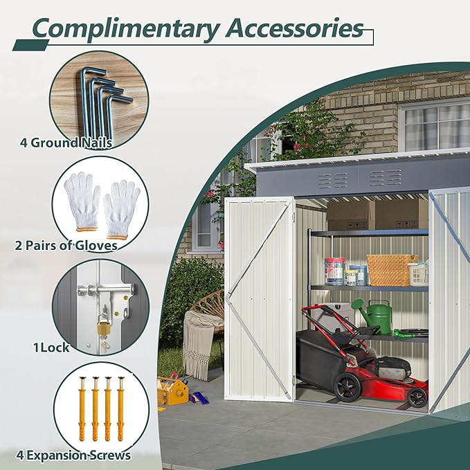 6x4 FT Shed Outdoor Storage Metal Large Garden Tool Sheds with Lockable Doors Floor Frame Shed-Roof Waterproof Steel Utility Equipment Sheds for Backyard Patio Lawn Poolside, Grey