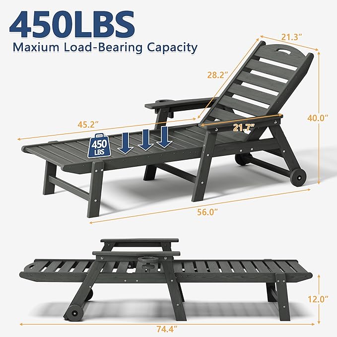 Patio Chaise Lounge Chair Set of 4, HDPE Outdoor Lounge Chairs with 5-Position Adjustable Backrest, Cup Holder and Wheels, 450lbs Capacity for Poolside Deck Backyard, All Weather Material(Gray)