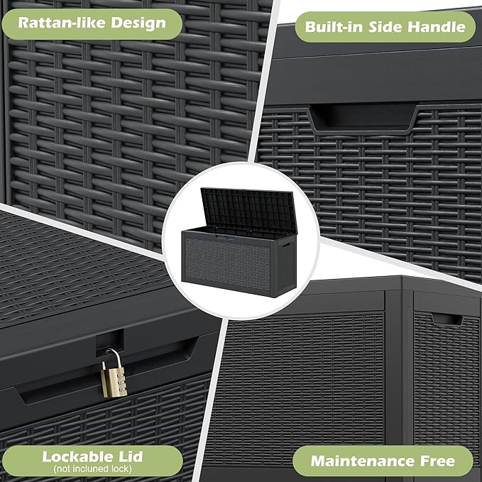 60 Gallon Outdoor Storage Box, Waterproof Resin Deck Box with Lockable Lid – Storage Cabinet for Patio Furniture, Pool Supplies, Garden Tools（Rattan,Black）
