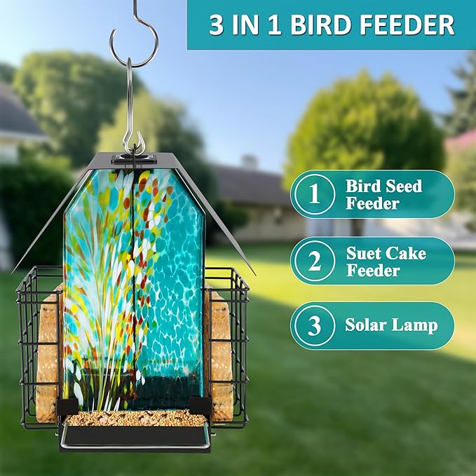 LUJII Solar Bird Feeder for Outdoor Hanging, 2 Suet Cake Cages, Hand-Blown Glass Container, Metal Roof, All-Weather Design for Woodpeckers, Teal
