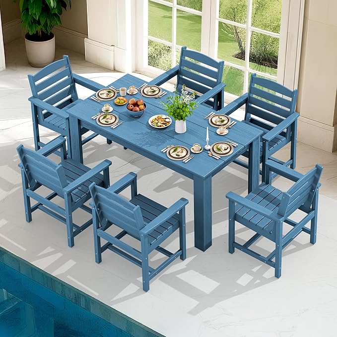 SERWALL Patio Dining Set for 6, Outdoor Dining Sets for 6 Person with 1 Umbrella Hole Cut-Out Rectangular Table and 6 Chairs, HDPE Dining Sets for Garden, Backyard, Poolside, Blue