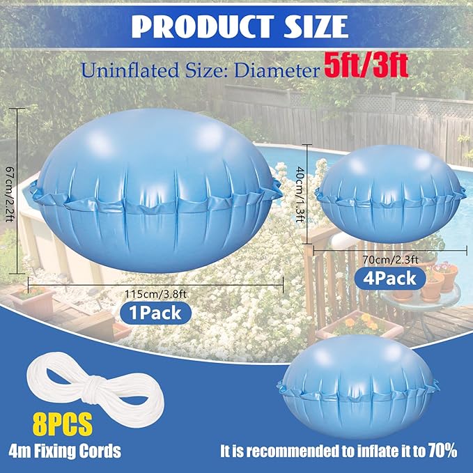 4+1 Combined Pool Pillows, Pool Air Pillow, Inflatable Pool Pillows for Above Ground Pools, Winter PVC Ice Equalizer Air Pillow with 8PCS 4m Ropes for Support Swimming Pool Covers (5Ft +4PCS 3Ft)