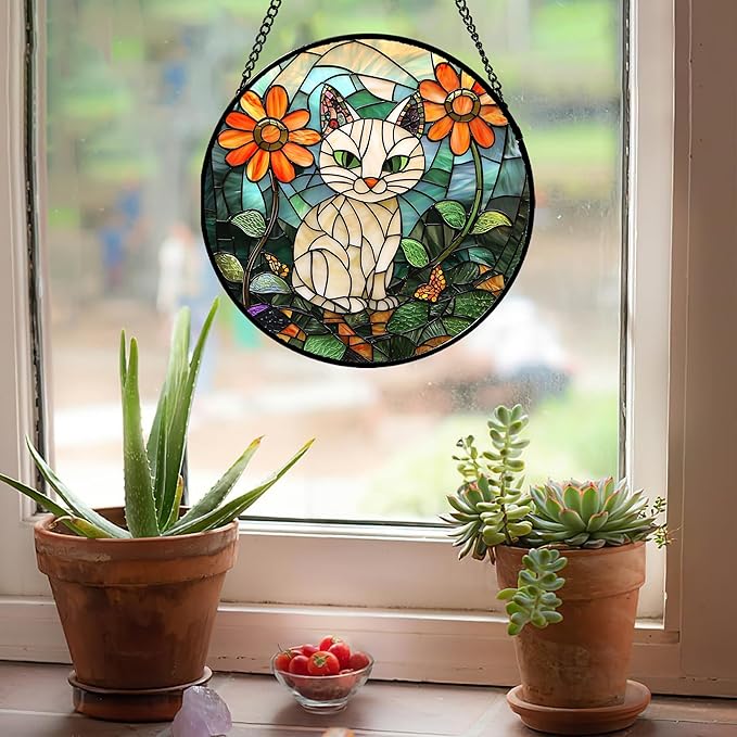Stained Glass Window Hanging - White Cat Green Plants Orange Flowers Sun Catcher for Door Garden Home Decor Suncatcher Christmas Mother's Day Birthday Gifts for Women Men Mom Nana 15 in