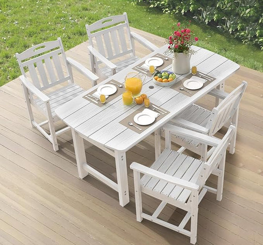 Ciokea HDPE Outdoor Dining Set 5-Piece Patio Table and Chairs with Umbrella Hole, All-Weather Patio Dining Set for 4, Durable Patio Furniture Set for Backyard, Garden, Lawn & Poolside, White
