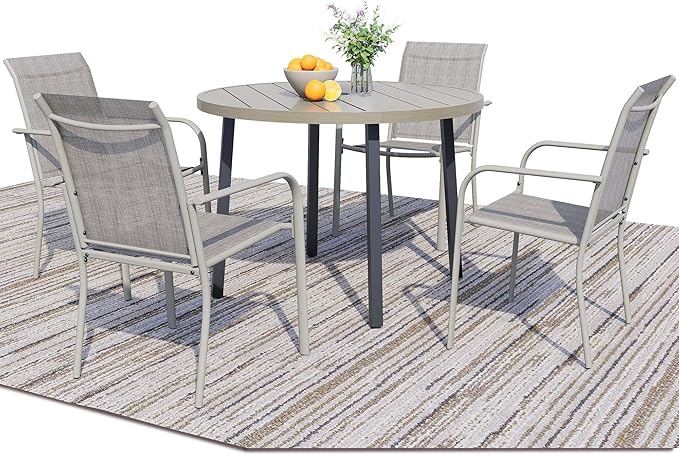 5 Pieces Round Dining Table Set for 4, Patio Dining Set Includes 4 Grey Stackable Patio Chairs and 1 Honey Oak Round Table, Patio Furniture Sets with Sling Support for Outside, Garden