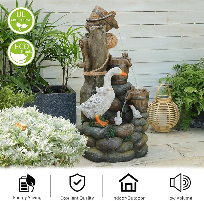 4-Tiers Cascading Outdoor Water Fountain, 31.9'' Tall Duck & Wooden Bucket Stump Waterfall Garden Fountains with LED Lights & Pump Water Feature Resin for Patio, Deck, Yard, Home Decor