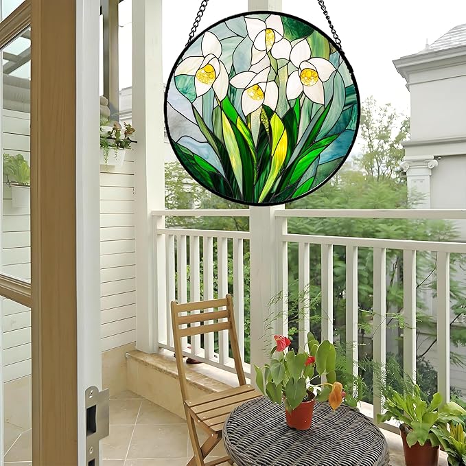 Stained Glass Window Hanging - White Snow Lotus Birth Flower Suncatcher for Doors Garden Patio Sun Catchers Decor Christmas Mother's Day Birthday Gifts for Women Men Mom Nana Friend 15 in