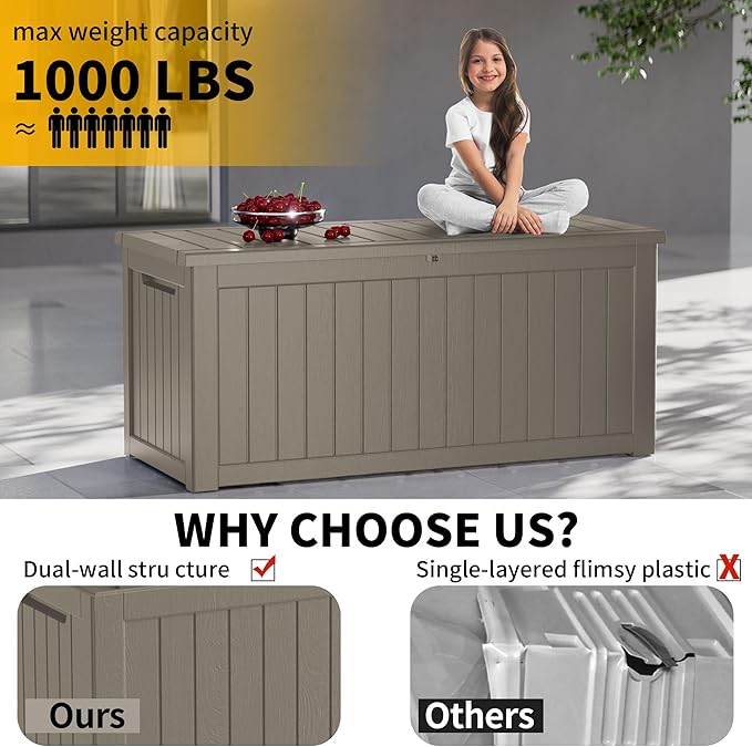 270 Gallon Deck Box, Resin Outdoor Indoor Waterproof Storage Box, Lockable Storage Box With Handle for Patio Furniture - Garden Tools - Swimming Pool Tools UV-Resistant, Grey