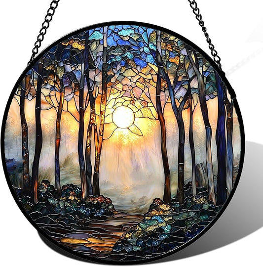 Stained Glass Window Hanging, Forest Sunrise Smoke Blue Brown Tree Suncatcher for Doors Window Home Landscape Sun Catchers Decor Mother's Day Birthday Gifts for Women, Men Mom 9.8 in