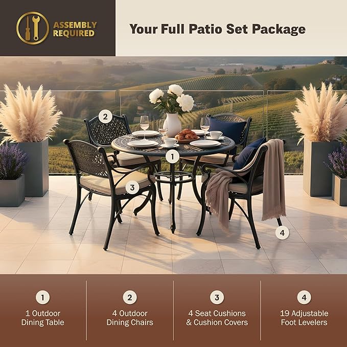 Kinger Home 5-Piece Cast Aluminum Outdoor Dining Furniture Set for 4, Round Patio Table and Chairs for 4 with Cushions, Outdoor Furniture Set with Umbrella Hole, All-Weather Patio Dining Set