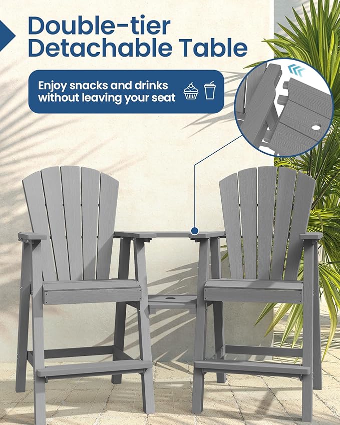 Ciokea Tall Adirondack Chairs Set of 2, HDPE Outdoor Adirondack Bar Stools with Double Connecting Tray, Weather Resistant High Back Adirondack Balcony Chairs for Deck, Lawn, Pool, Backyard, Grey