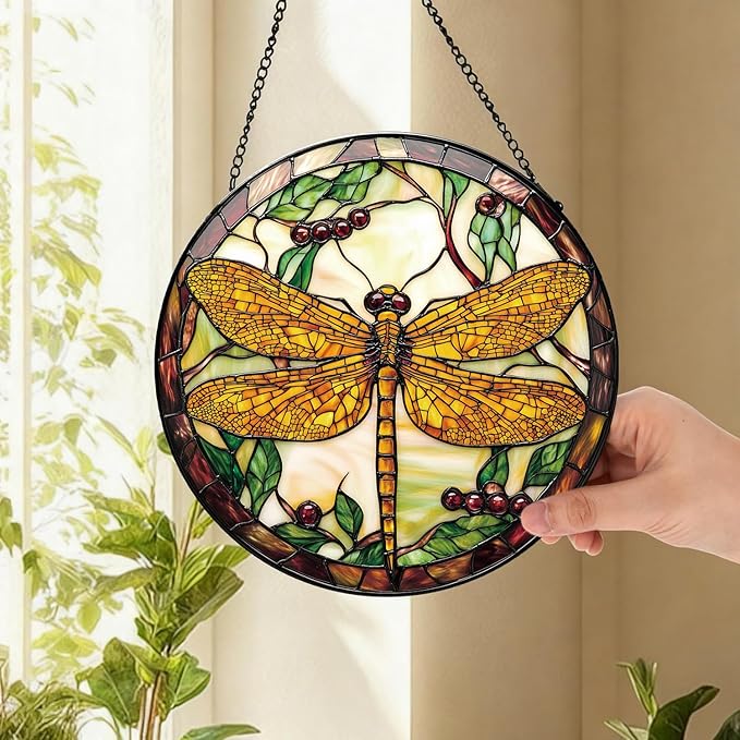 Dragonfly Plant Suncatcher -7.9 in Stained Glass Window Hanging Sun Catcher Garden Decor
