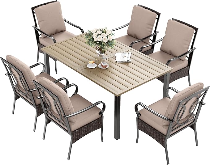 7 Piece Patio Dining Sets for 6, Outdoor Table and Chairs with Cushioned Wicker Patio Dining Chairs & Wood-Like Dining Table (1.61-2”Umbrella Hole), Outdoor Dining Sets for Backyard