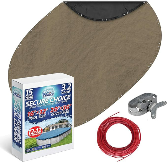 Winter Swimming Pool Cover for 16 ft x 32 ft Aboveground Oval Pool Size, Secure Choice Series, Solid Material, Color - Sandstone Tan, Pool Cover Choice 571632-4CHOICE