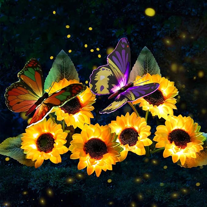 ANGMLN Solar Sunflower Outdoor Garden Lights, 2 Pack Solar Flower with Butterfly Waterproof Garden Decor, Gifts for Mom Grandma, Waterproof Decorative Lights for Pathways Patios and Yards Decorations