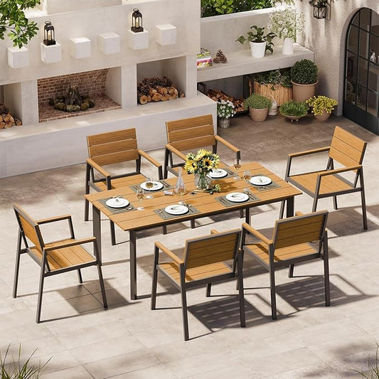 Outdoor Dining Set for 6, Outdoor Table and Chairs Set with Umbrella Hole, Patio Dining Sets, 7 Pieces HDPS Outdoor Furniture Sets for Patio, Garden, Backyard (Gray & Teak)
