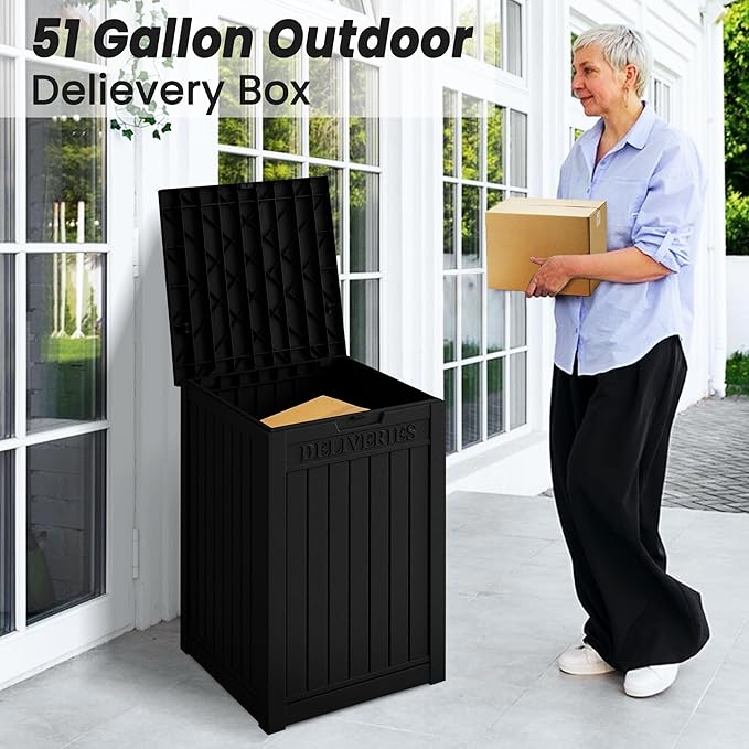 TARKARI 55 Gallon Lockable Resin Deck Box, Waterproof & UV-Resistant Outdoor Storage Box for Cushion Storage and Delivery Box, Black
