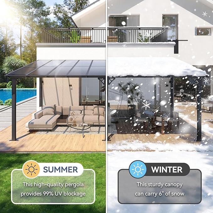 10x20FT Lean to Gazebo, Hardtop Metal Pergola with Polycarbonate Roof, Large Wall Mounted Heavy Duty Awnings, Patio Canopy for Backyard, Deck, Porch