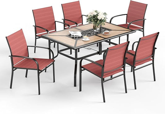 7 Pcs Patio Dining Set for 6, Rectangular Metal Dining Table (PVC Table Top) with Umbrella Hole and 6 Chairs, Outdoor Dining Set for Lawn Garden Deck, Red