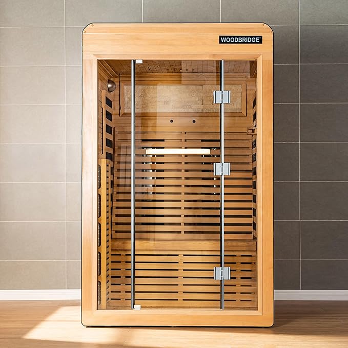 Woodbridge Infrared Home Sauna Room 2 Person Hemlock Wooden Indoor Sauna,7 Carbon 2230W/120V Heaters,with Led Color Therapy Light,Bluetooth Speaker,Tempered Glass,Touch-Tone Keypad and A Top Vent