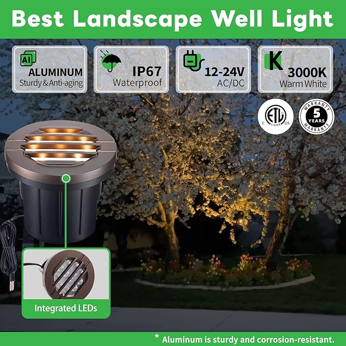 Low Voltage Well Lights LED, 12V in-Grade Landscape Lights, Outdoor IP67 Waterproof, 6" Wired Grated Top Aluminum ORB for Path Yard 6W 350LM 10 Pack