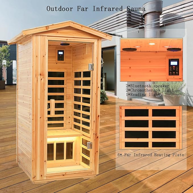 Old Fir Wood Low EMF Far Infrared Outdoor Sauna(1560W) + Infrared Foot Spa Bucket(175W), Home Sauna with LCD Control Panel, Chromotherapy Light, Reading Light, Bluetooth Speaker
