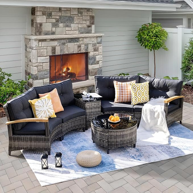 MEISSALIVVE 6 Piece Outdoor Patio Furniture Set, Half-Moon Curved Sectional Set with Wood Armrests, Patio Conversation Set, Tempered Glass Coffee & Side Tables (Grey)