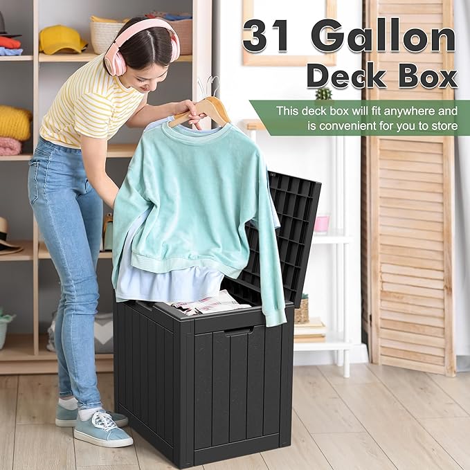 31 Gallon Outdoor Storage Box, Waterproof Resin Deck Box with Lockable Lid – Storage Cabinet for Patio Furniture, Pool Supplies, Garden Tools – Indoor & Outdoor Use