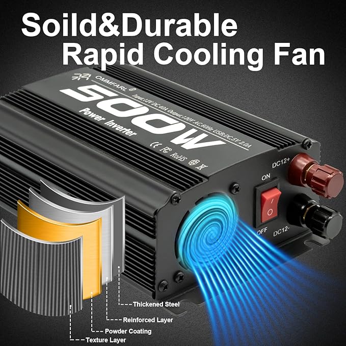 500W Modified Sine Wave Power Inverter DC 12V to AC 110V, Peak 1000Watt, Car Plug Inverter Adapter Power Converter with 4.2A Dual USB Charging Ports Black