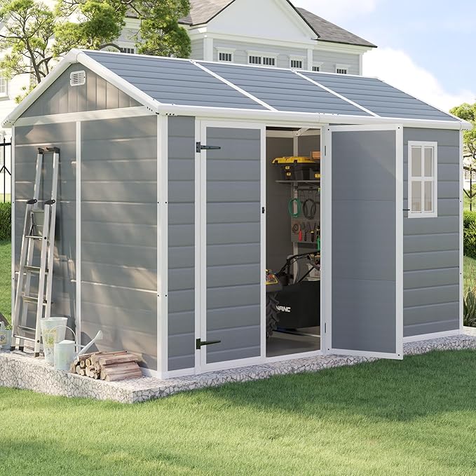 10.5x7.6x7.5 ft Outdoor Resin Storage Shed with Floor, Windows & Air Vents, Large Waterproof Tool Shed for Backyard, Garden, Lawn Equipment & Bikes, Grey
