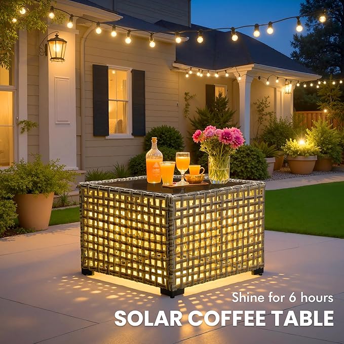 Outdoor Sectional Patio Furniture Set with Glowing Table,7 Pieces Wicker Conversation Sets L Shaped Couch Out Door Sofa Set Outside Furniture for Garden Deck Yard Porch,Navy Blue