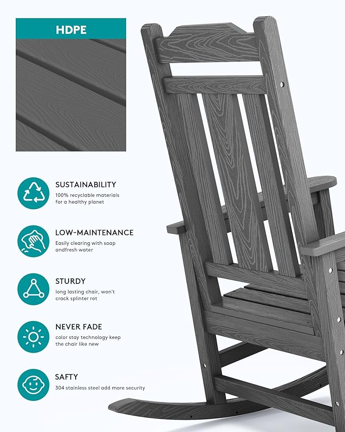 SERWALL Oversized Rocking Chair Set of 4 Outdoor, HDPE Outdoor Rocking Chair Set of 4, Grey