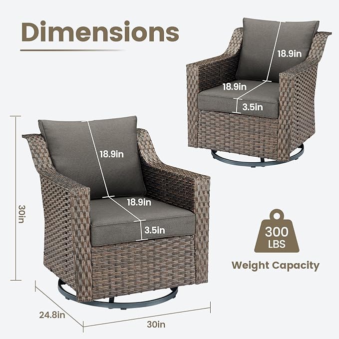 Outdoor Patio Wicker Swivel Chairs - Set of 4 Outside Rattan Rocker Glider Chair Rocking Armchairs for Front Porch Balcony Backyard Yard Deck Poolside Apartment – Brown/Grey