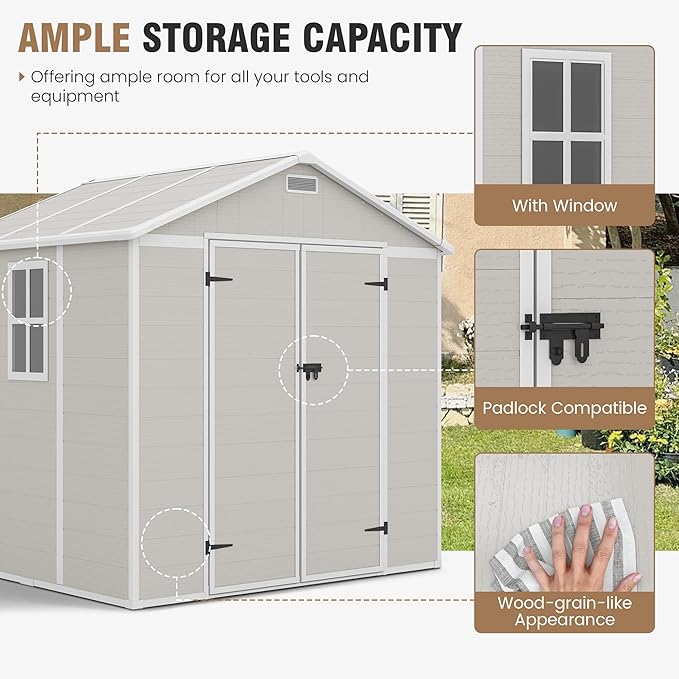 Amopatio 8x6 Storage Shed, Resin Outdoor Shed with Floor Included, Plastic Sheds Outdoor Storage for Bike, Garden Tools, Sheds & Outdoor Storage with Lockable Door, Window & Vents, Sandstone