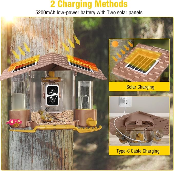 Aivituvin Smart Bird Feeder Camera with AI Identification, Solar Powered, Wireless Hummingbird Feeder with Food, Water, Honey, Present for Bird Lovers (Brown)
