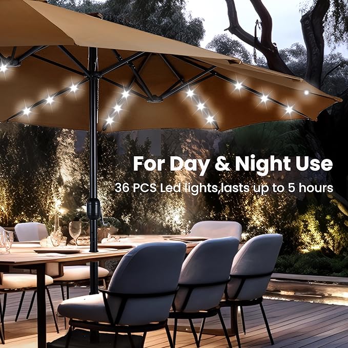 PHI VILLA 15ft Large Patio Umbrella with Solar Lights, Double-Sided Outdoor Market Rectangle Umbrellas with 36 LED Lights, Umbrella Base (Stand) Included, Maillard Brown