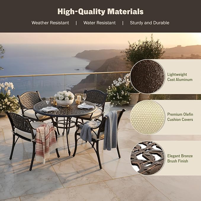 Kinger Home 5-Piece Cast Aluminum Outdoor Dining Furniture Set for 4, Round Patio Table and Chairs for 4 with Cushions, Outdoor Furniture Set with Umbrella Hole, All-Weather Patio Dining Set