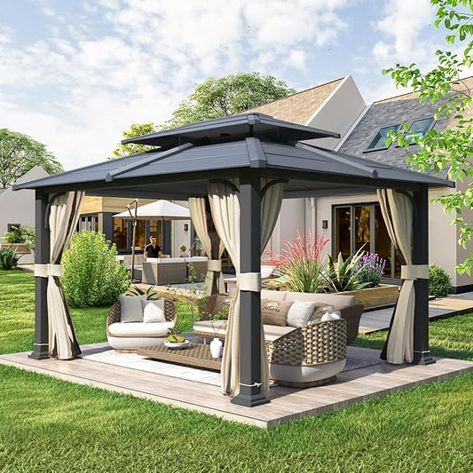 YOLENY 12’x 14’ Gazebo with Galvanized Steel Roof, Double Roof Design with Anti-Rust Coating, Outdoor Gazebos with Curtains and Netting, Sunshade for Gardens, Lawns, Deck