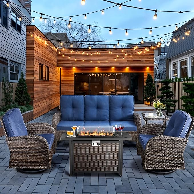 HUMMUH 5-Piece Patio Furniture Set with Fire Pit,Wicker Outdoor Swivel Rocker Chairs Patio Sofa for Backyard,Poolside,Deck