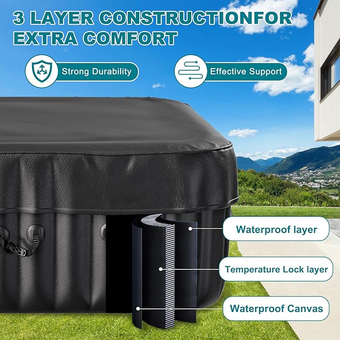 60" X 60" X 25" Hot Tub, 2-4 Person Inflatable Hot Tub, Square Blow Up Portable Bathtub Outdoor Spa with 120 Bubble Jets and Heater Pump, Filter
