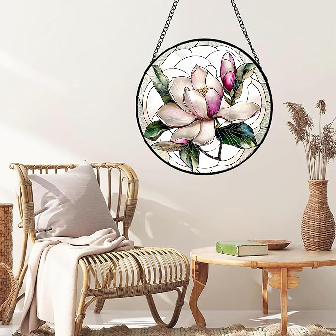 Stained Glass Window Hanging - Pink Magnolia Flower Petal Suncatcher for Doors Window Home Sun Catchers Decor Christmas Mother's Day Birthday Gifts for Teacher Women Men Mom Nana 6.3 in