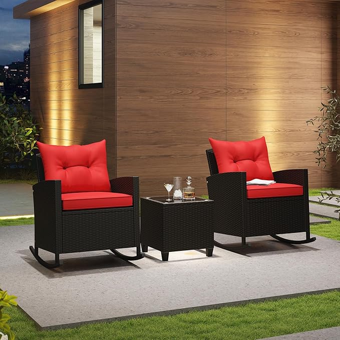 ORALNER 3 Pieces Wicker Rocker Set Patio Furniture Set, Outdoor Rocking Chairs with Soft Cushions, Glass Coffee Table, Rattan Conversation Bistro Set for Front Porch Balcony Garden Deck Poolside (Red)