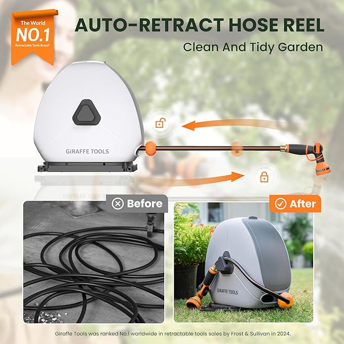 Giraffe Tools Heavy Duty Retractable Hose Reel, 130FT 1/2 Inch Automatic Rewind Garden Hose Reel with Flexible Swivel Base, Ground Mount for Lawn, Patio, and Concrete Floor