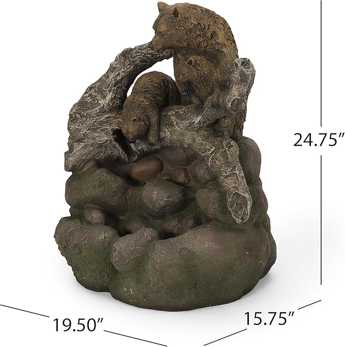 Merax 24.75" High Bear Family Fountain, Weather-Resistant Outdoor Water Feature with LED Lights, 2-Tier Waterfall for Garden Patio, Light Brown+Moss