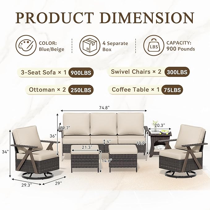6 Piece Patio Furniture Set, Wicker Patio Conversation Set with Swivel Glider Chair and Outdoor 3-Seater Sofa and 2 Ottomans and Side Table for Deck Yard and Poolside
