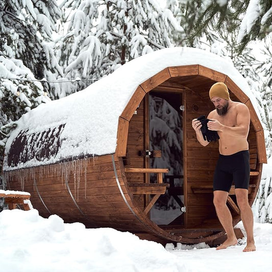 Outdoor Sauna 6-8 Person, Canadian Pinewood Barrel Sauna with Porch, ETL 6KW Toule Heater, Waterproof System, Asphalt Shingles, Rubber Base(0-195℉)