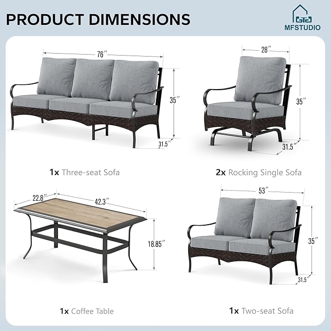 MFSTUDIO 5 PCS Outdoor Patio Furniture Set, Metal Outdoor Conversation Set, Rattan Wicker Patio Sectional Sofa Set with 2 x Rocking Single Sofa, 2-Seat and 3-Seat Sofa, 1 x Coffee Table, Grey